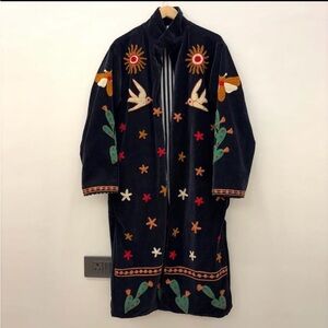 Suzani Embroidered Black Velvet Long Coat with Colorful Motifs